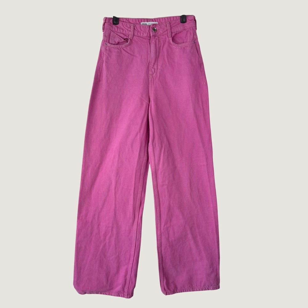 Zara Wide Leg Jeans Sz 2‎ Hot Pink High Waist Cotton Denim Barbiecore Streetwear